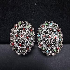 West Germany Enamel Oval Clip On Earrings Silver Tone VIntage